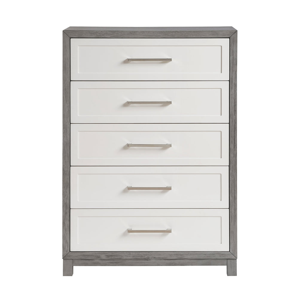 English Elm Five Drawer Chest Ivory Gray Okume Veneer Transitional Bedroom Storage Furniture B011P290771