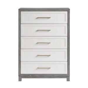 English Elm Five Drawer Chest Ivory Gray Okume Veneer Transitional Bedroom Storage Furniture B011P290771