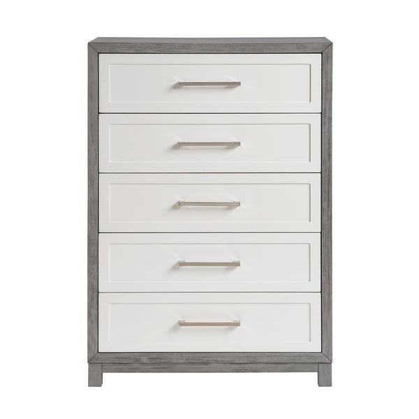 English Elm Five Drawer Chest Ivory Gray Okume Veneer Transitional Bedroom Storage Furniture B011P290771