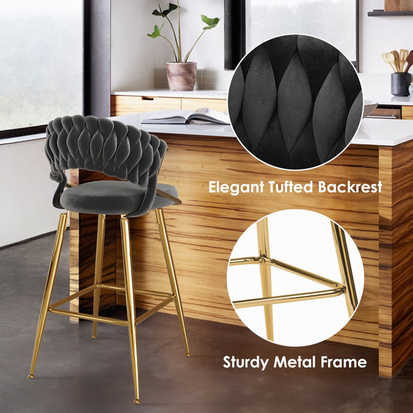 English Elm Counter Height Stools Set of 2 Mid-century Metal Legs Ergonomic Kitchen Island Seating Black T3623P430871