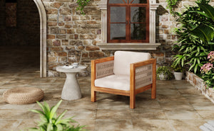 English Elm Acacia Wood Outdoor Lounge Chair with Wicker Arms Teak Finish Patio Seating N779P359687B