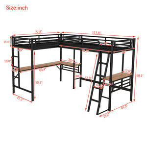 English Elm Twin Metal Loft Bed with Two Built-In Desks, Black — Space-Saving L-Shaped Twin Bunk for Study & Sleep GX001114AAB-1