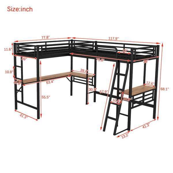 English Elm Twin Metal Loft Bed with Two Built-In Desks, Black — Space-Saving L-Shaped Twin Bunk for Study & Sleep GX001114AAB-1