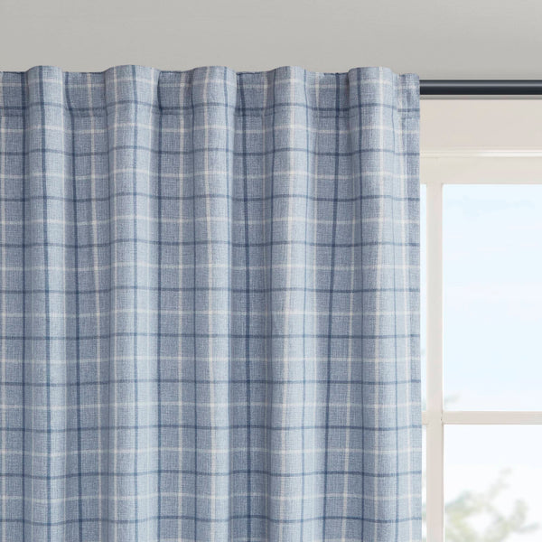 JLA Home Madison Park - Plaid Thermal Fleece Lined Curtain Panel — Heavyweight Plaid Insulating Drapery for Cozy, Filtered Light Denim Blue MP40-8740