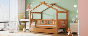 English Elm Twin House Bed with Trundle Solid Pine Frame Walnut Kids Bedroom Sleepover N708P357115L