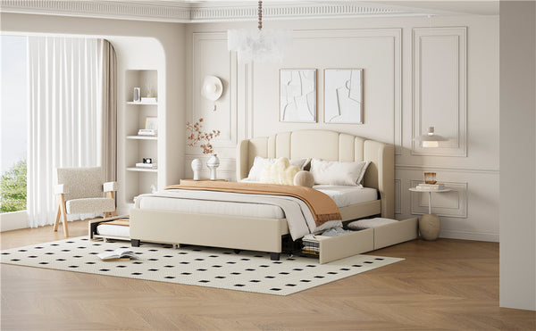 English Elm Upholstered Platform Bed with Wingback Headboard, Twin Trundle & 2 Storage Drawers, Linen Queen Frame Beige 83 L x 9.5 W x 8.75 H N733S208132A