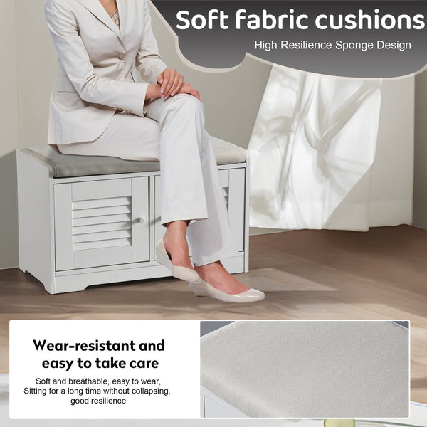 English Elm 28.74"Shoe Storage Bench with Cushion, 2-Door Louver Cabinet, Adjustable Shelves, Breathable Seat W2948P244736