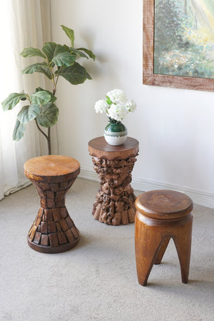 English Elm 11.8x11.8x18.1" Paulownia Wood Sculptural Side Table with Mosaic Hourglass Base W2078P461603