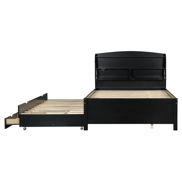English Elm Full Size Wooden Led Platform Bed With Trundle, Storage Headboard & Usb Charging In Espresso Finish N820S10009D