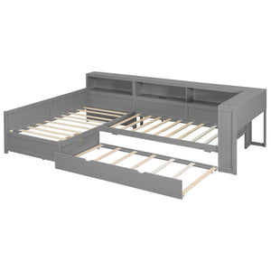 English Elm Wood Twin L-shaped Platform Bed Trundle Shelves Charging Station Kids Room Grey N7090001045E-1