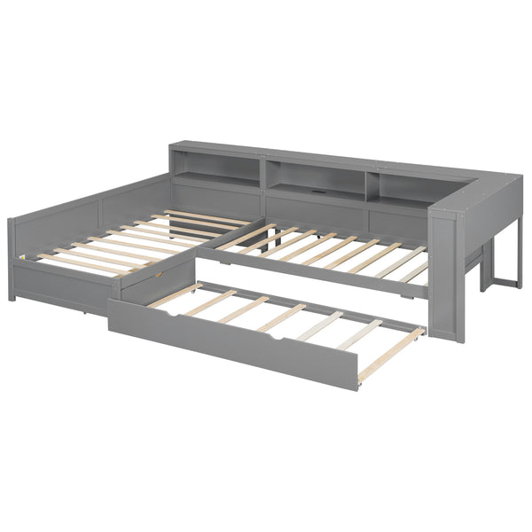 English Elm Wood Twin L-shaped Platform Bed Trundle Shelves Charging Station Kids Room Grey N7090001045E-1
