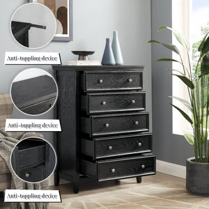 English Elm Modern 5 Drawers Dresser with Smooth Glide Drawers, Stylish Metal Handles & Unique Stable Feet Organizer for Bedroom and Living Room Storage (45.87"L x 20.08"W x 11.03"H) Black W2275P149804