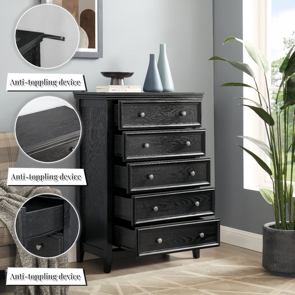 English Elm Modern 5 Drawers Dresser with Smooth Glide Drawers, Stylish Metal Handles & Unique Stable Feet Organizer for Bedroom and Living Room Storage (45.87"L x 20.08"W x 11.03"H) Black W2275P149804