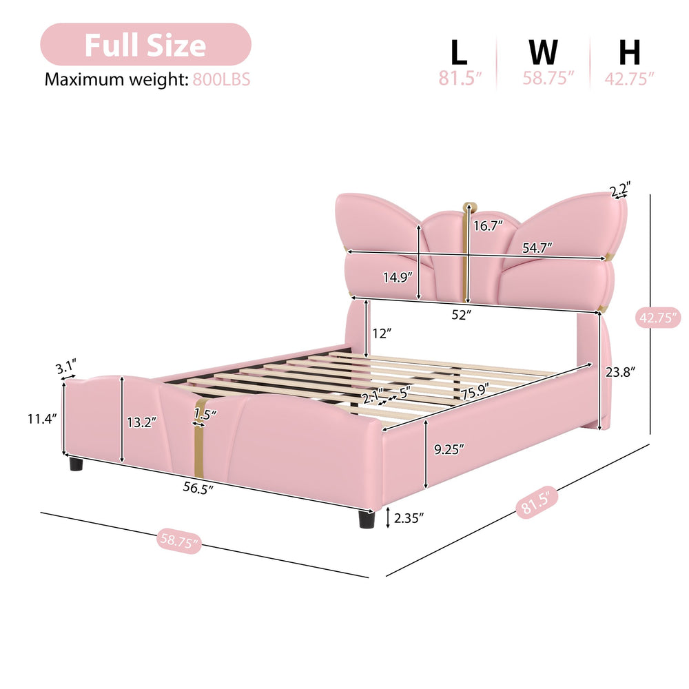 English Elm Christopher Knight Home® - Full Upholstered PU Leather Bed Frame with Butterfly Headboard, Gold Accents, Solid Wood Platform Light Pink 78.25 L x 10 W x 3.25 H N761S0000018H