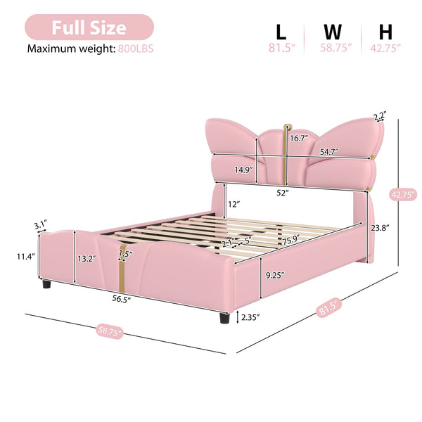 English Elm Christopher Knight Home® - Full Upholstered PU Leather Bed Frame with Butterfly Headboard, Gold Accents, Solid Wood Platform Light Pink 78.25 L x 10 W x 3.25 H N761S0000018H
