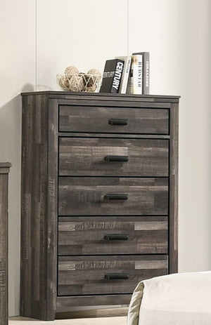 English Elm 1pc Rustic Contemporary Chest with Five Deep Drawers, Black Handles, Space-Saving Wooden Bedroom Storage Antique brown 38.27 L x 18.58 W x 56.89 H B011P230845