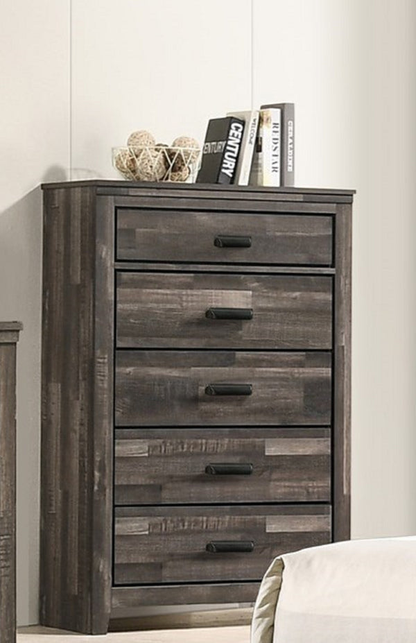 English Elm 1pc Rustic Contemporary Chest with Five Deep Drawers, Black Handles, Space-Saving Wooden Bedroom Storage Antique brown 38.27 L x 18.58 W x 56.89 H B011P230845