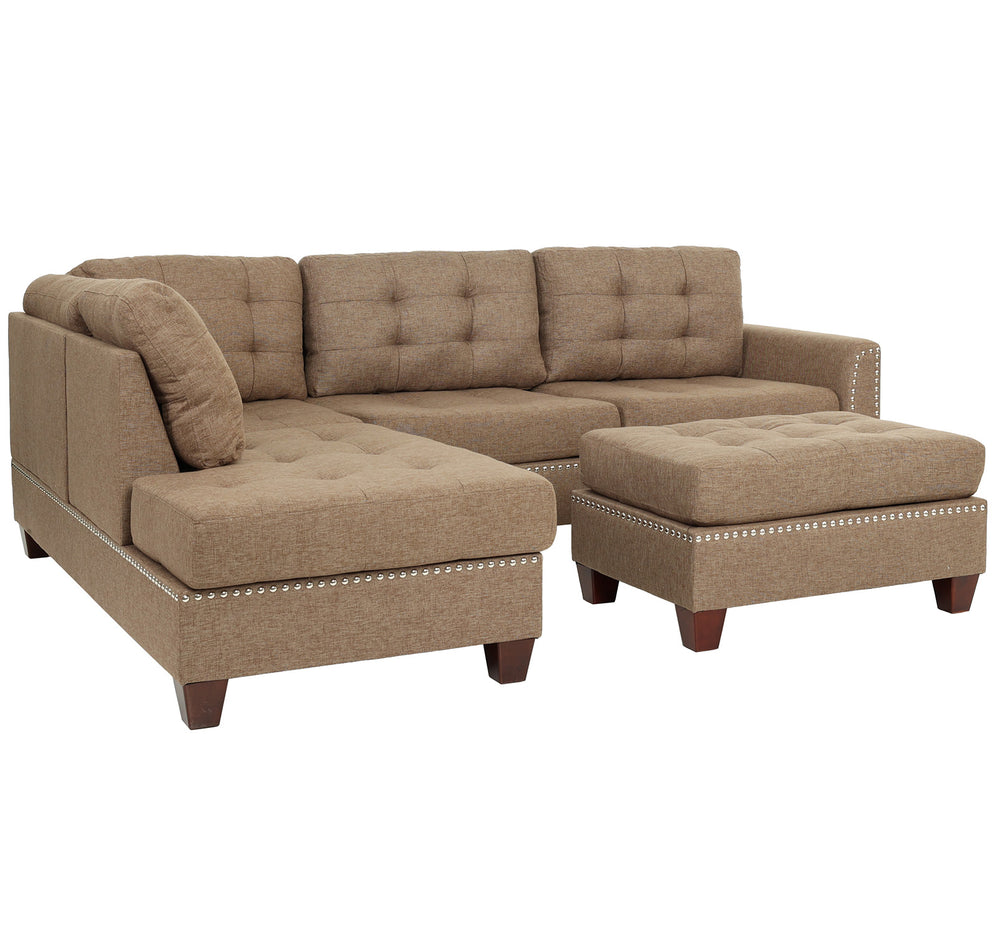 English Elm 3 Piece Reversible Sectional Sofa Set with Ottoman, Tufted Linen-Look Cushions and Nailhead Trim, Versatile Comfort for Living Rooms Coffee 25 L x 40 W x 9 H B089S00176