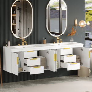 English Elm 72'' Wall Mounted Bathroom Vanity with 4 Drawers & Double Cabinets, Waterproof MDF, Smooth Slide Rails White N710SS00009K