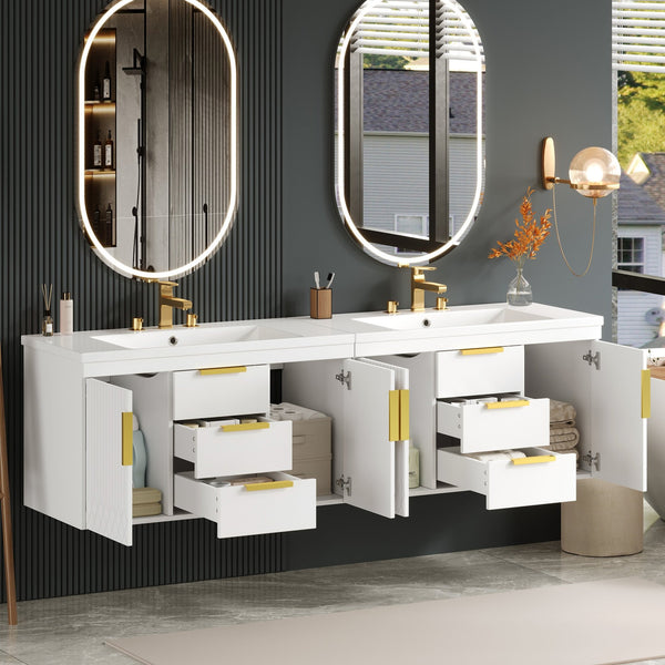 English Elm 72'' Wall Mounted Bathroom Vanity with 4 Drawers & Double Cabinets, Waterproof MDF, Smooth Slide Rails White N710SS00009K