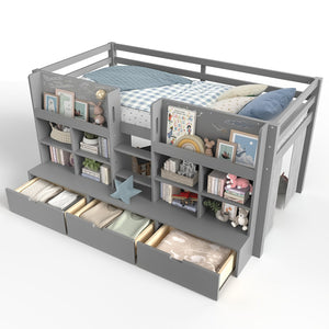 English Elm Full Bunk Bed with Trundle Bookshelf Storage Pine Frame Car Design for Kids W1580S00398