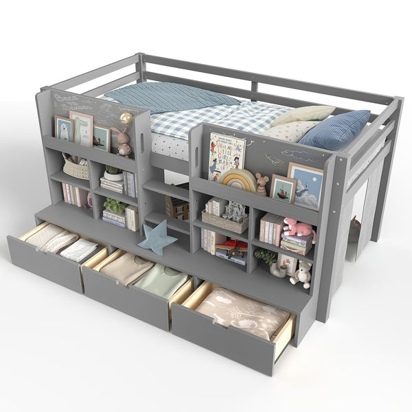 English Elm Full Bunk Bed with Trundle Bookshelf Storage Pine Frame Car Design for Kids W1580S00398