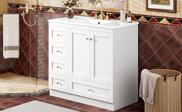 English Elm 36 Inch Shaker Bathroom Vanity with Ceramic Sink Four Soft Close Drawers White Mdf N729P414619K