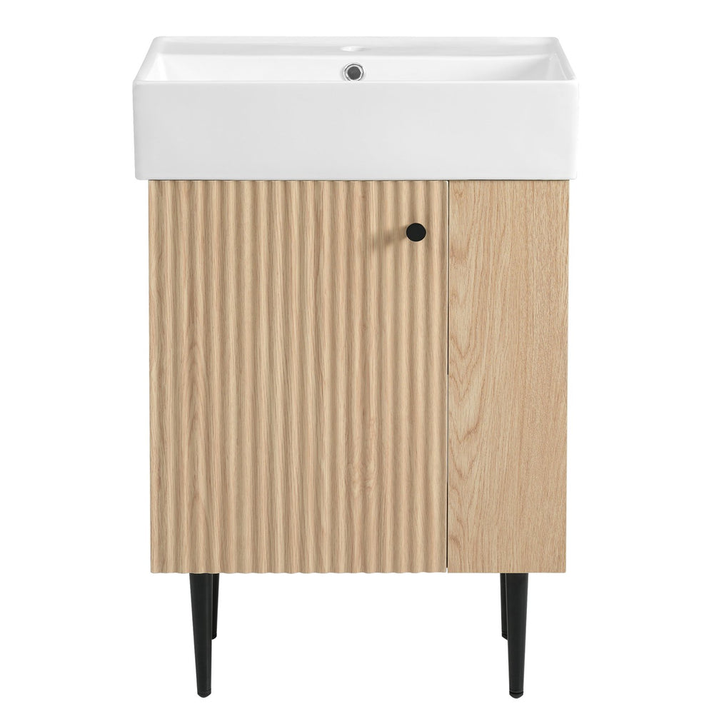 English Elm 21.6" Wood Bathroom Vanity with Ceramic Sink, Right Side Storage, Gold Legs, Soft-Close Doors, Modern SV000006AAD
