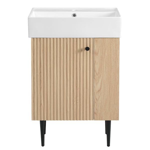 English Elm 21.6" Wood Bathroom Vanity with Ceramic Sink, Right Side Storage, Gold Legs, Soft-Close Doors, Modern SV000006AAD