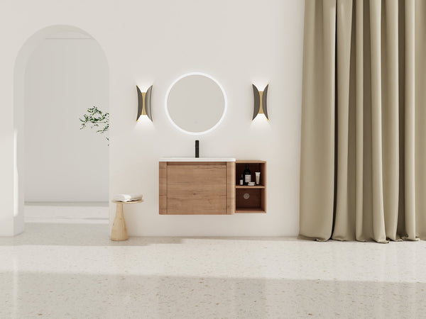 English Elm 40'' Wall-Mounted Vanity with White Ceramic Sink, Plywood Shelves, Soft-Close Door, Scratch-Resistant Finish W999S00380