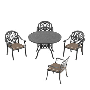English Elm 5-Piece Cast Aluminum Patio Furniture Set With Brown Cushions For Elegant Outdoor Dining Comfort W1710S00073