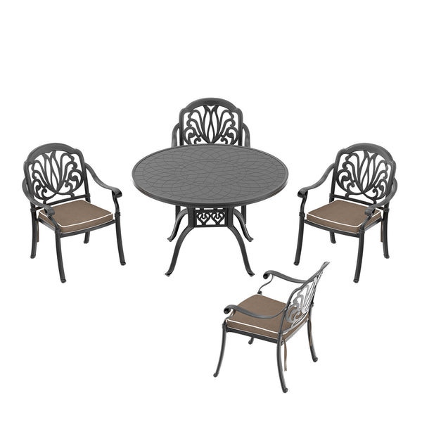English Elm 5-Piece Cast Aluminum Patio Furniture Set With Brown Cushions For Elegant Outdoor Dining Comfort W1710S00073