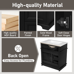 English Elm 30" Freestanding Bathroom Vanity Acacia Wood Matte Black Finish Gold Knobs Ceramic Sink N759P227429B