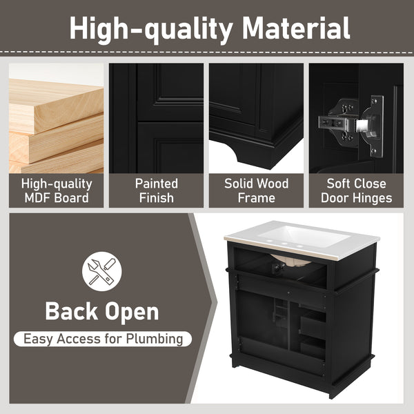 English Elm 30" Freestanding Bathroom Vanity Acacia Wood Matte Black Finish Gold Knobs Ceramic Sink N759P227429B