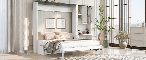 English Elm Multi-functional Queen Murphy Bed with Sofa Desk and Cabinet White Wood Frame N7090000606K-1