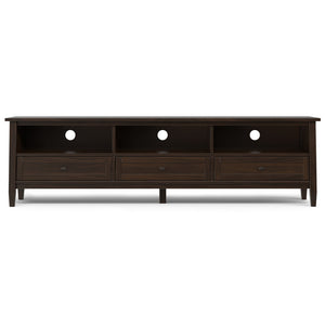 English Elm Warm Shaker 72 inch Low TV Media Stand Brown Solid Wood 72" Wide for TVs up to 80", Drawers, Cord Management B136P203488