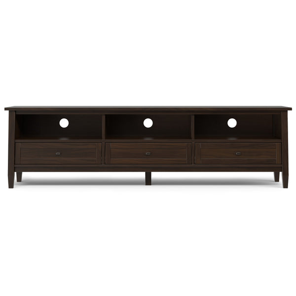 English Elm Warm Shaker 72 inch Low TV Media Stand Brown Solid Wood 72" Wide for TVs up to 80", Drawers, Cord Management B136P203488