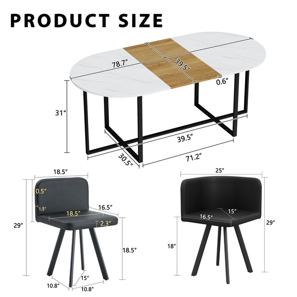 English Elm 9-piece Oval Dining Set with Faux Marble Wood Top and Eight Black Pu Leather Chairs W3875S00151