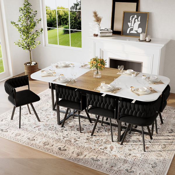English Elm 9-piece Square Dining Set Velvet Upholstered Chairs Two-tone Tabletop Seats 8 Black,White,Wood W3875S00150