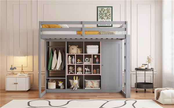 English Elm Twin Loft Bed with Wardrobe Shelves and Cabinet Kids Bedroom Wood Storage Frame Pink+Grey N708S00023E