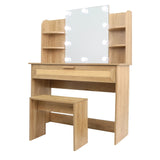 English Elm Vanity Desk Set Stool & Dressing Table With Led Lighting Mirror Drawer and Compartments Modern Wood Cosmetic Table Chest Of Drawers Nature Color