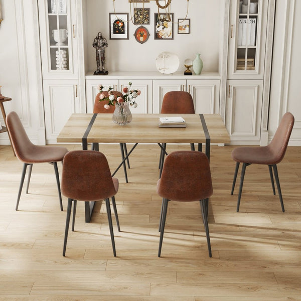 English Elm Table And Chair Set: Modern Medieval Dining Ensemble With 6 Ergonomic Brown Techno-Fabric Chairs W1151S04213-GIGA