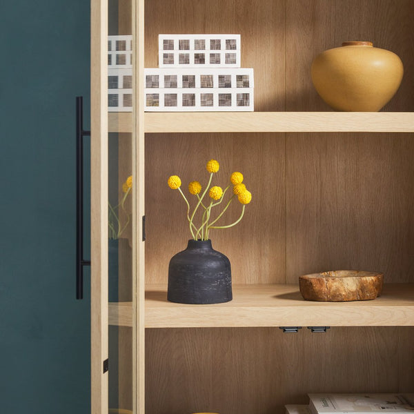 English Elm Walker Edison - Modern 5 Shelf Arched Tall Bookcase with Tempered Glass Doors, MDF Durability, Sleek Metal Handles, Showcase Pieces in Living and Office Spaces Oak 72.31 L x 19.01 W x 15 H B185S00025