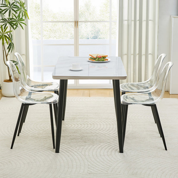 English Elm Table and Chair Set Marble Glass Top Dining with Clear Acrylic Seats Modern 5 Piece W1151S04632
