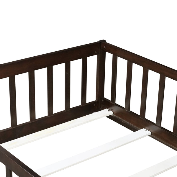 English Elm Twin Low Profile Rubberwood Floor Bed with Full Safety Fence for Toddler Rooms Espresso W504P429337