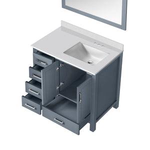 English Elm Dark Grey Bath Vanity 36" W X 22" D With Right-Offset White Quartz Top & Stylish 34" Mirror Set B2731S00686
