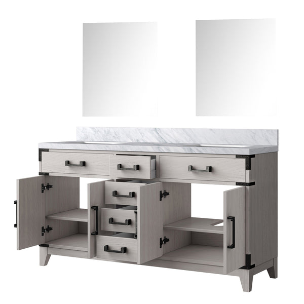 English Elm White Oak Double Bath Vanity 60 in with Polished Carrara Marble Top, Soft-Close Storage & Mirrors B2731S01598