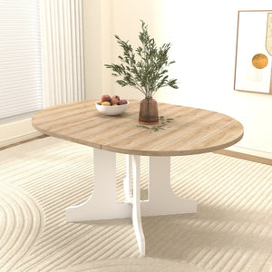 English Elm Dining Farmhouse Expandable Oval Table 59"x43" with Removable Leaf, X-Base, White Oak Finish, Seats 6 W1347P246823