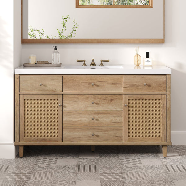 English Elm Christopher Knight Home® - 60" Modern Bathroom Vanity with Durable SMC Sink, Rattan Doors, Soft-Close Drawers, Pine Legs Antique Natural N817P296130N