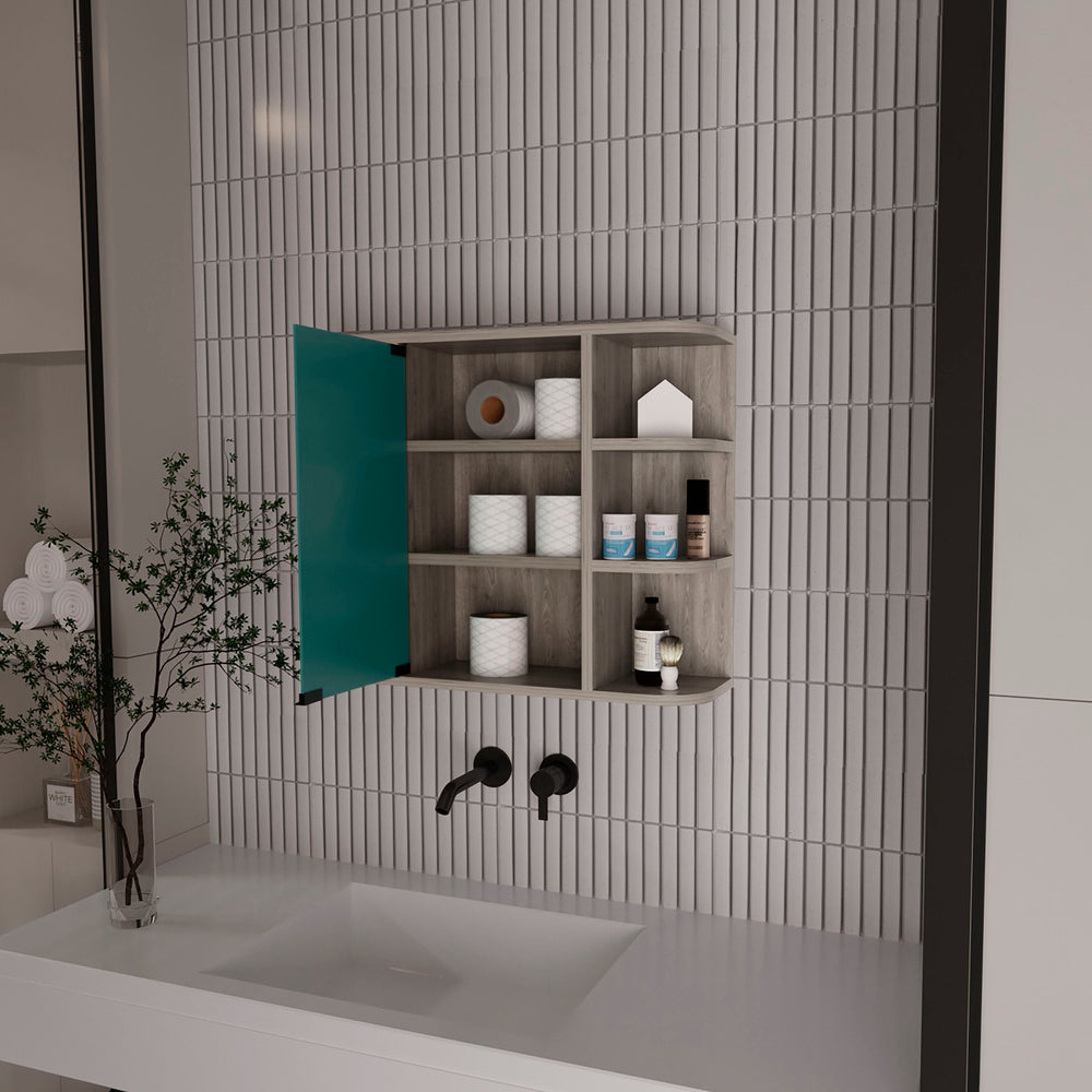 English Elm Roseburg Elegant 9-Shelf Medicine Cabinet with Center Mirror Door and Six Open Display Shelves for Bath Light Gray B06280465